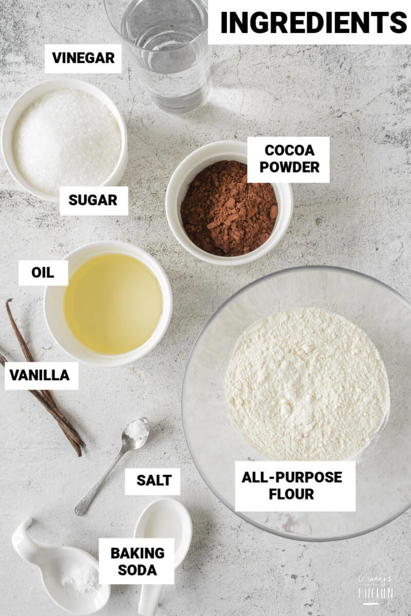 ingredients to make chocolate depression cake, with text labels.