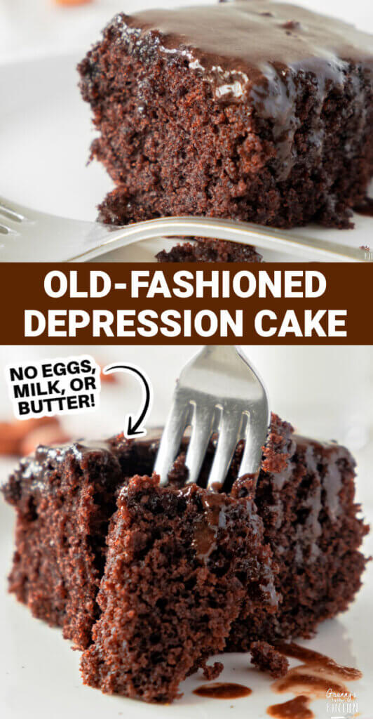 Old-Fashioned Depression Cake Pinterest image, with 2 slices of chocolate cake.