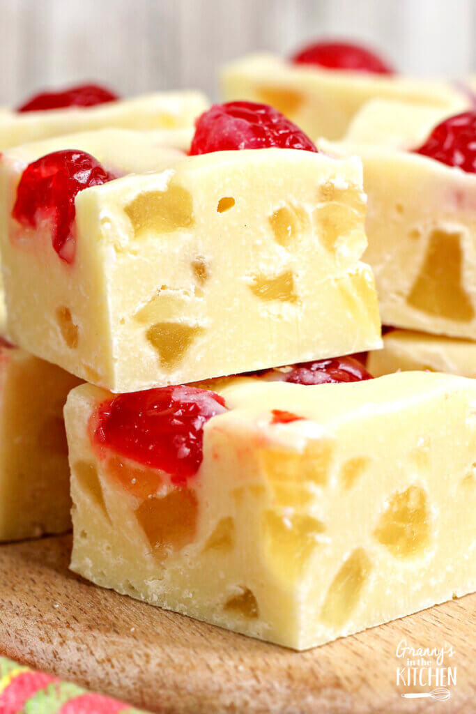 close up of pineapple upside down cake fudge.
