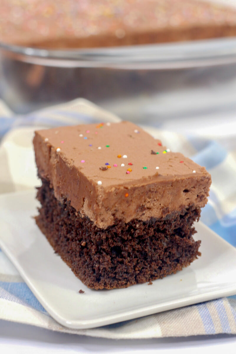 chocolate cake slice with chocolate frosting