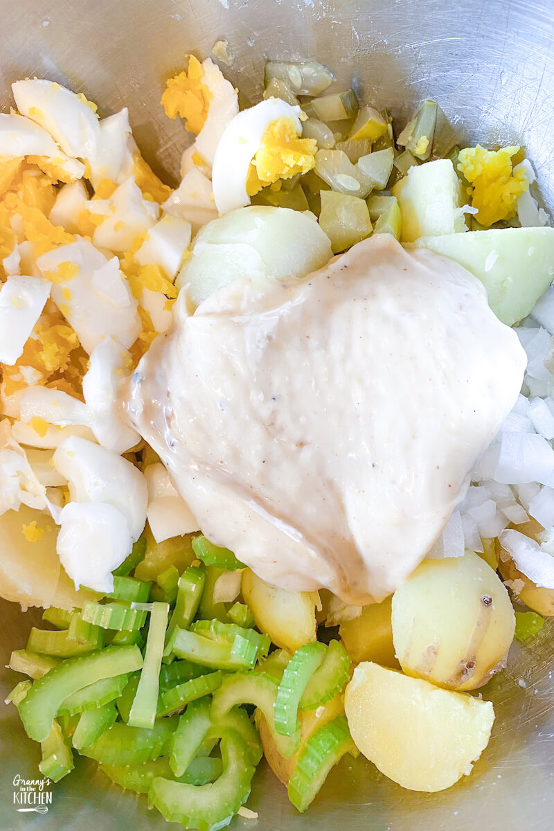 potato salad ingredients in bowl