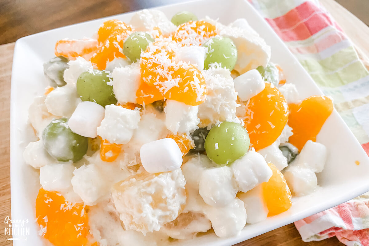 Hawaiian fruit salad with marshmallows on plate