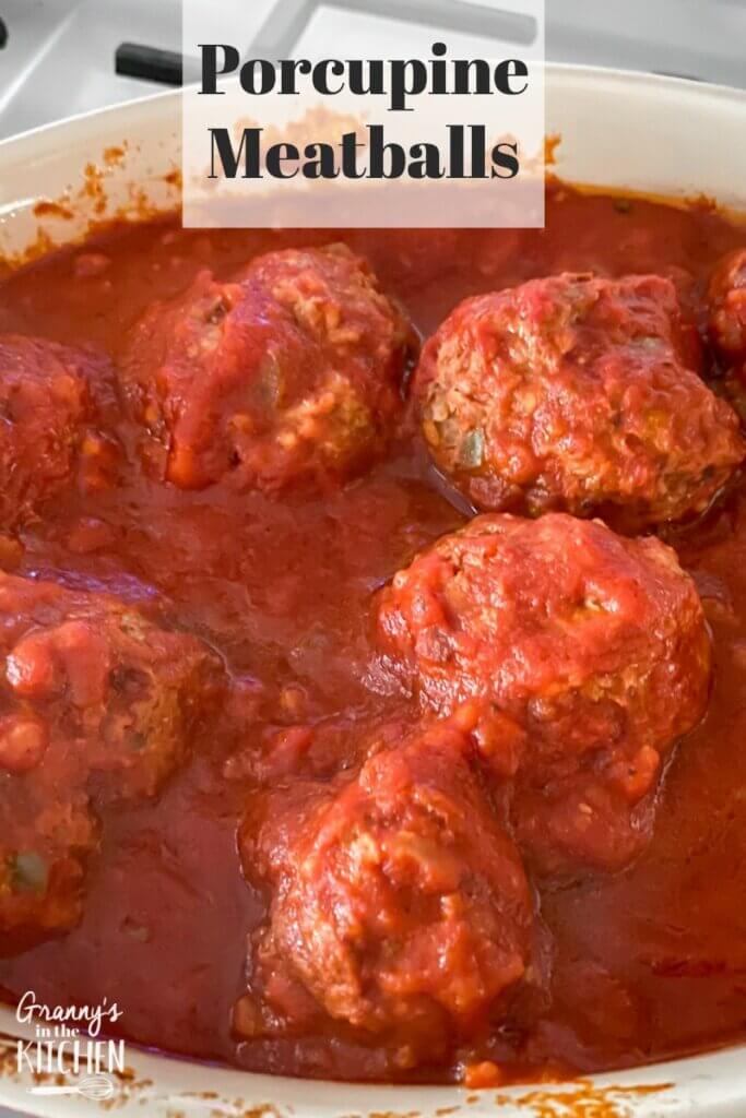 porcupine meatballs in pot with tomato sauce