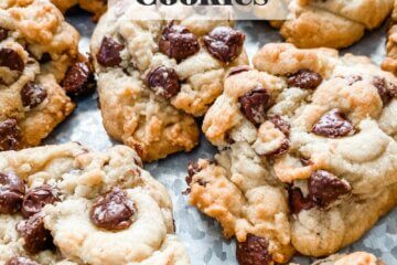 a plate of thick and fluffy chocolate chip cookies