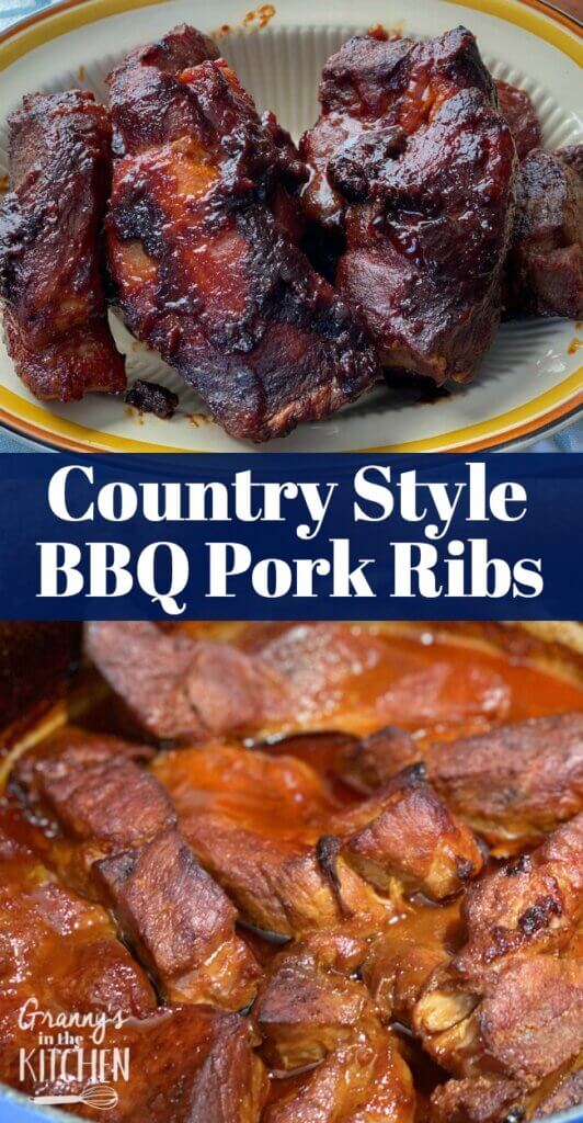 plate of country style pork ribs and ribs cooking in pan