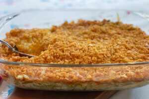 green bean casserole with crispy corn flake topping