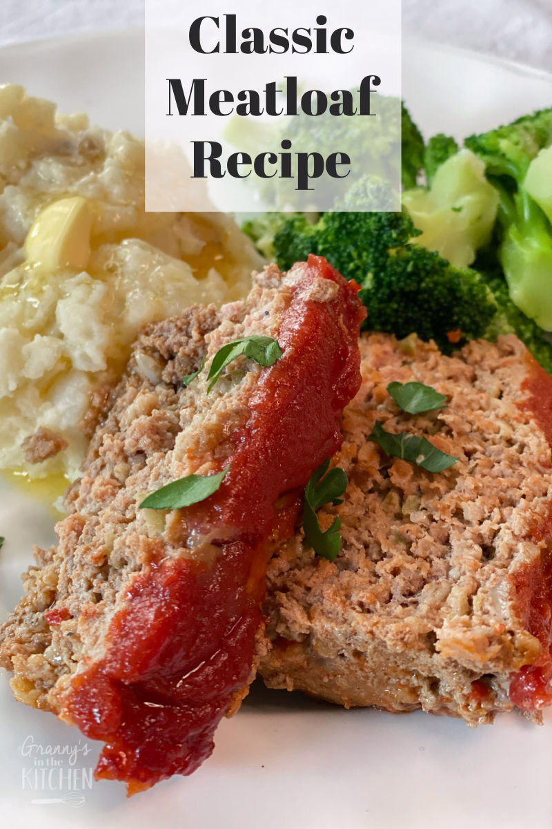 sliced meatloaf on plate with potatoes and broccoli