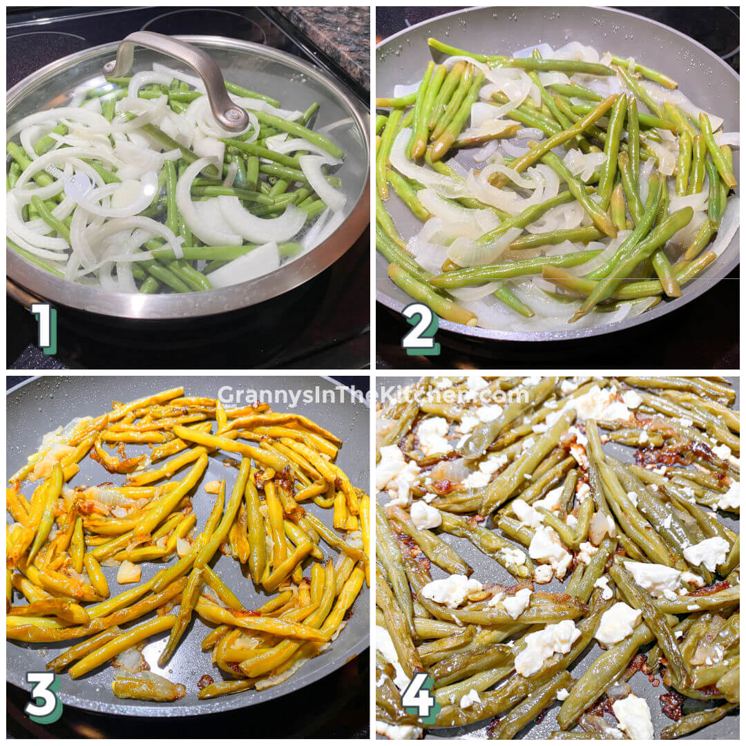step by step photo collage showing how to sauté green beans and onions