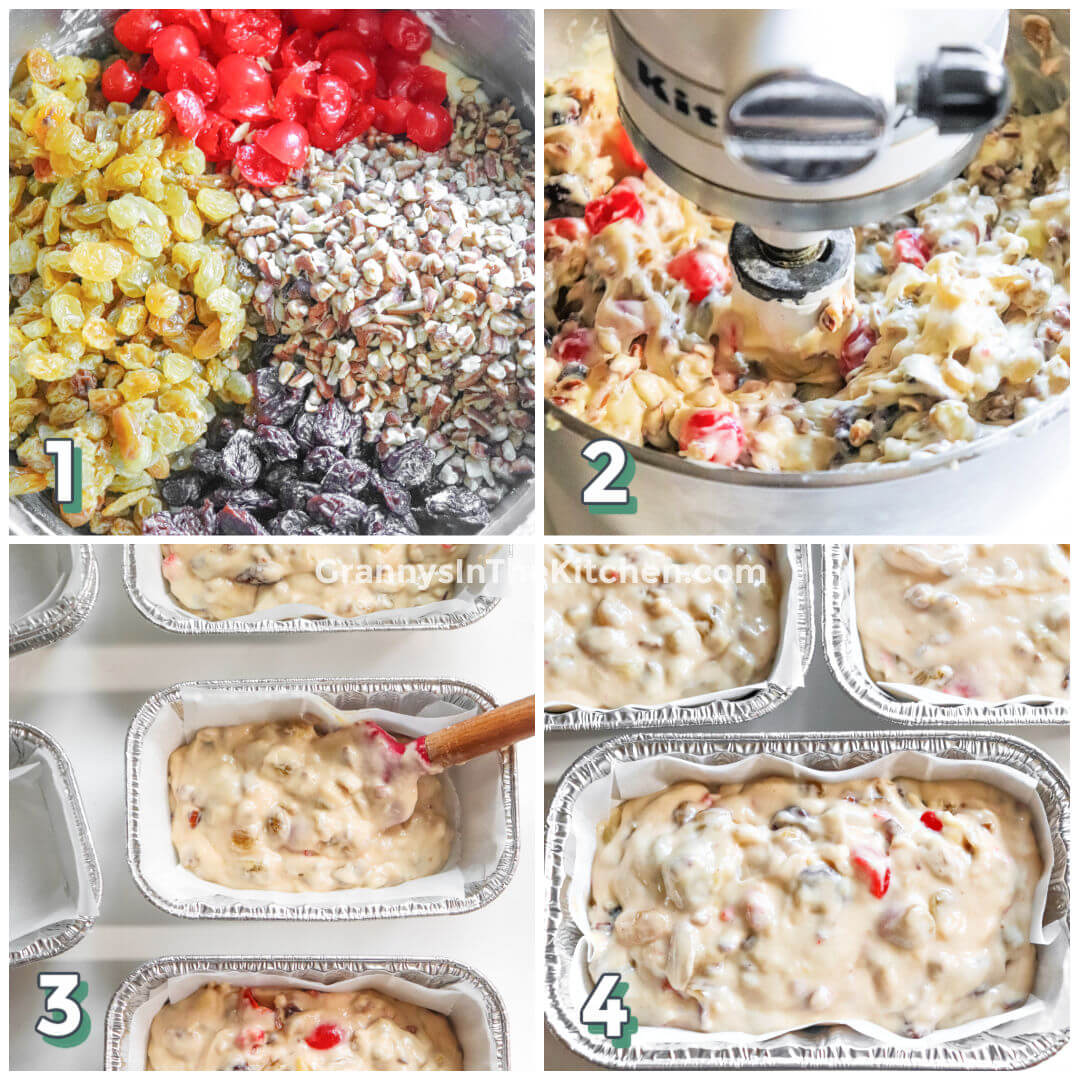 step by step photo collage showing how to make white fruit cake