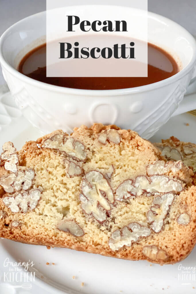 homemade biscotti with pecans; text overlay "Pecan Biscotti"