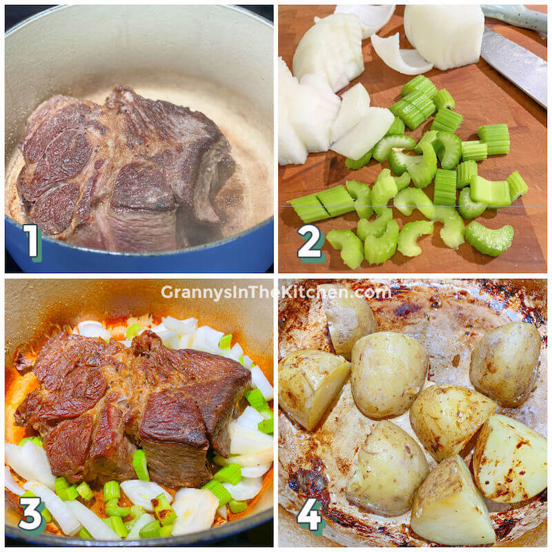 step by step photo collage showing how to cook pot roast in Dutch oven pot