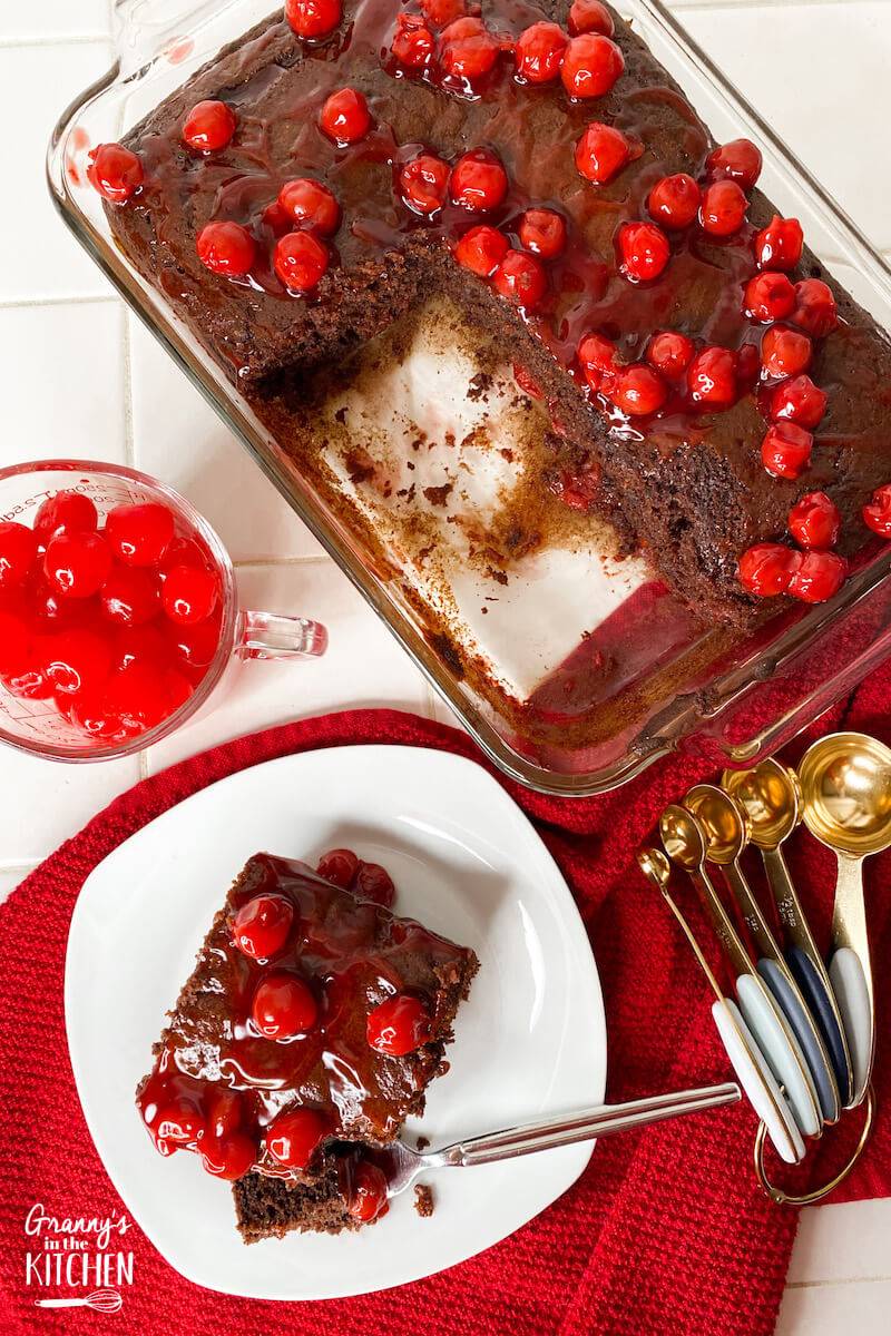chocolate cherry cake slice, and in pan
