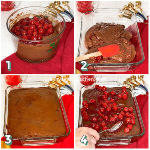step by step photo collage showing how to make a chocolate cake with cherry pie filling inside
