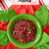 bowl of cranberry salsa surrounded by red and green tortilla chips