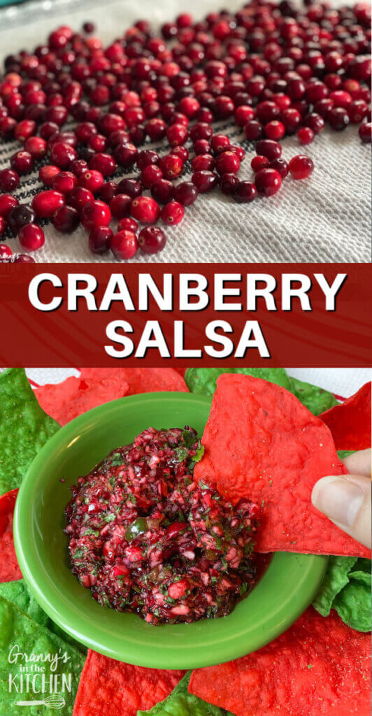 two image collage: fresh cranberries and cranberry salsa