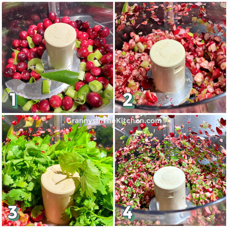 step by step photo collage showing how to make homemade cranberry salsa