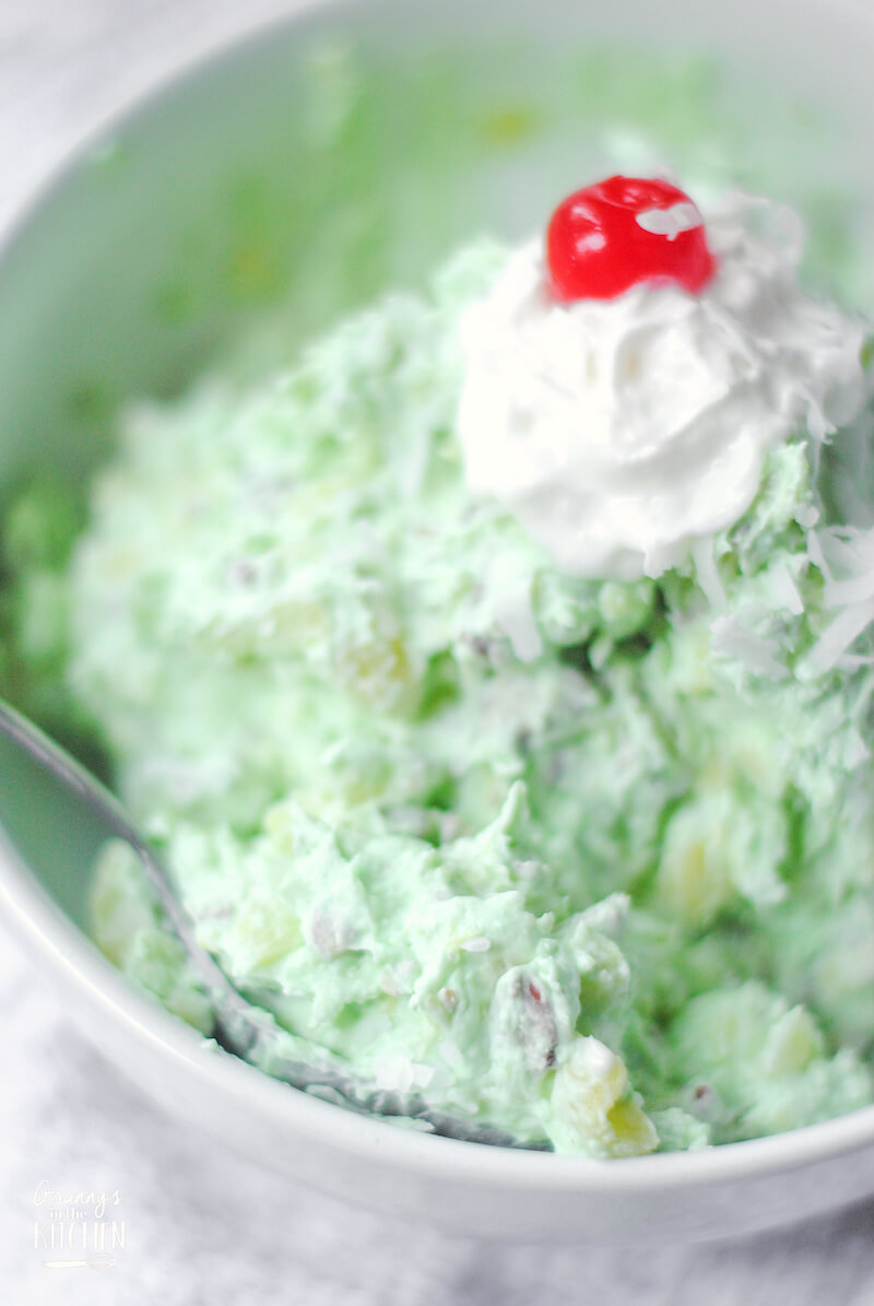 bowl of green pistachio dessert salad