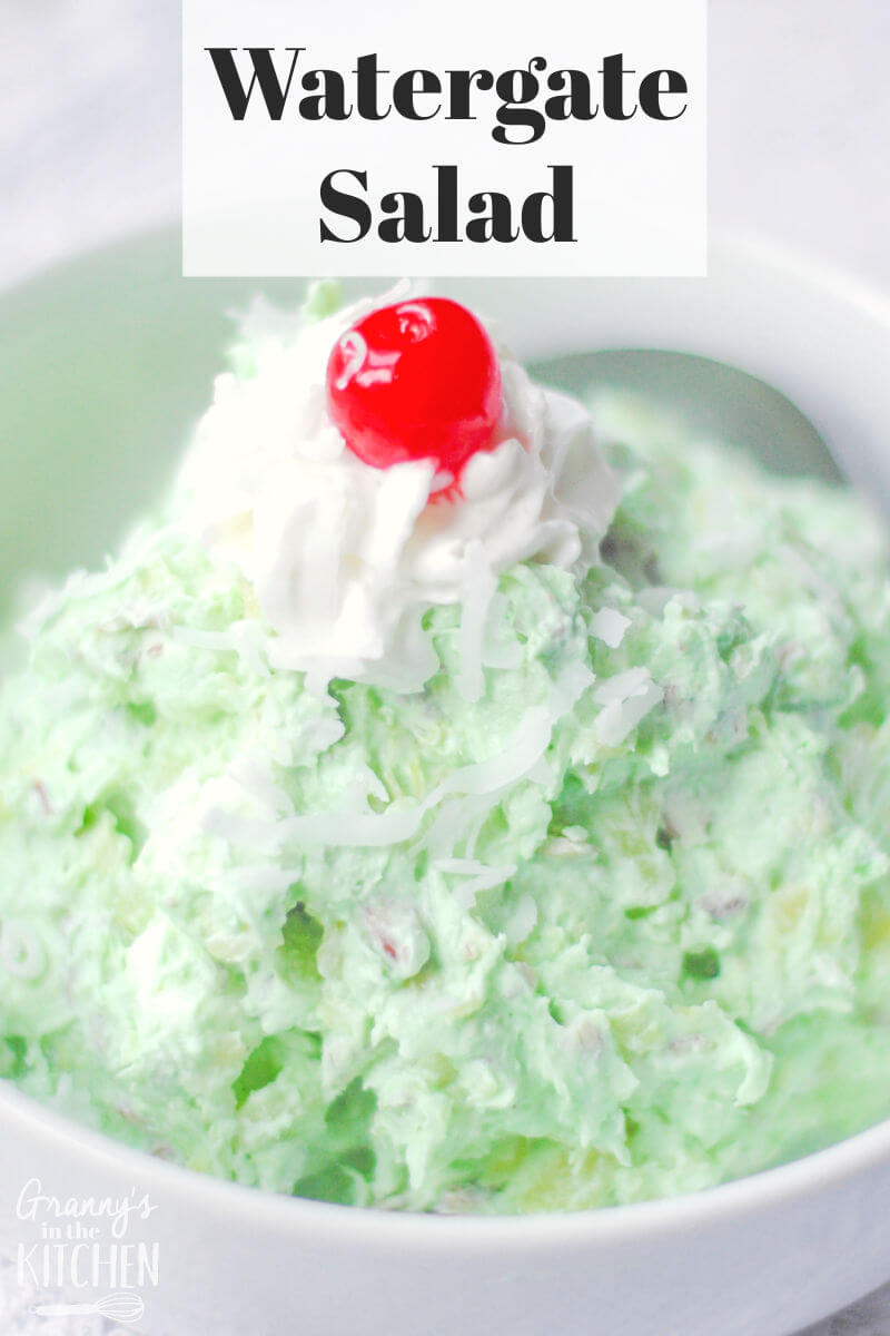 bowl of fluffy green Watergate Salad with text overlay "WaterGate Salad"