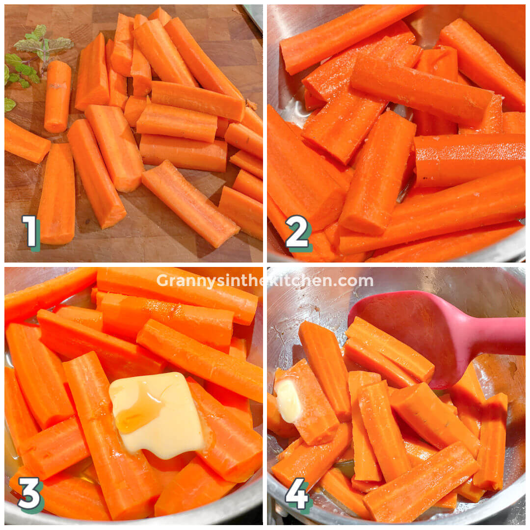 step by step photo collage showing how to make glazed carrots on stovetop