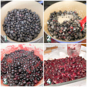4-step photo collage showing how to make blueberry pie filling