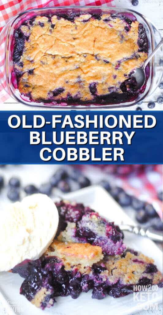 two photo collage showing homemade blueberry cobbler