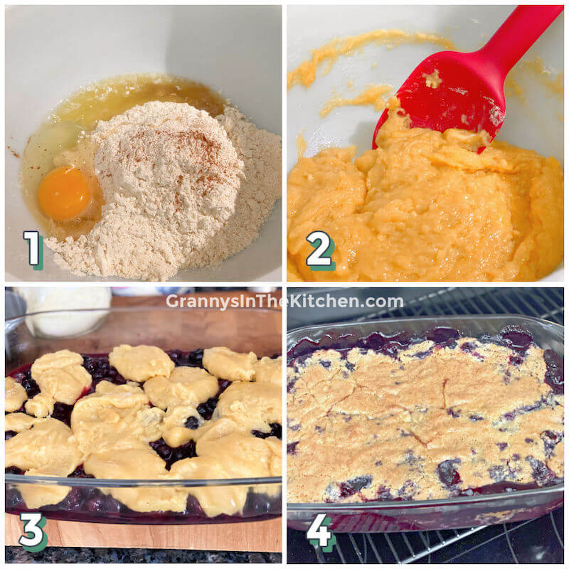 4-step photo collage showing how to make blueberry cobbler