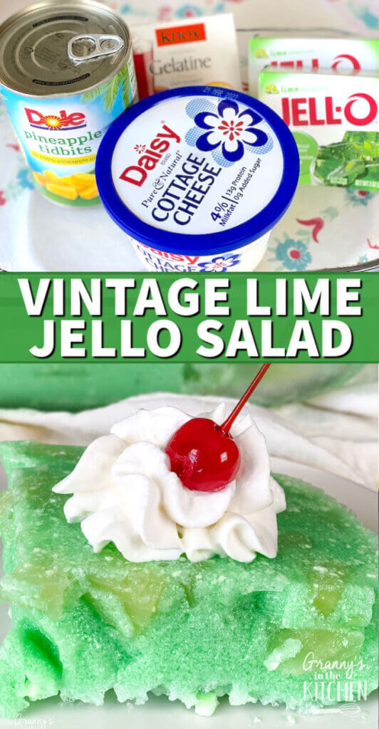 2 photo vertical collage with ingredient photo and finished photo of vintage green lime jello salad
