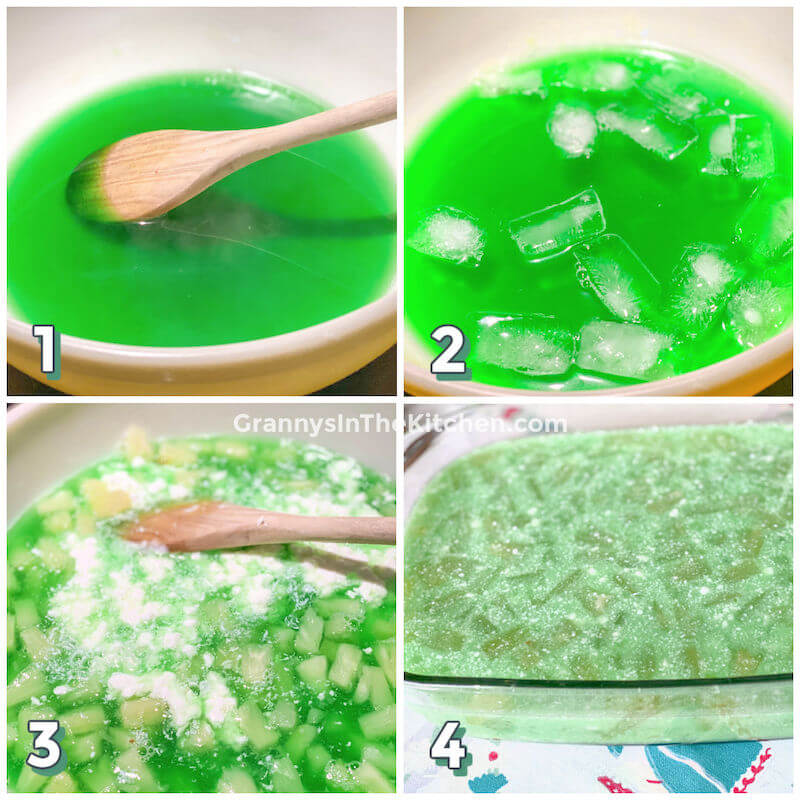 4-step photo collage showing how to make lime jello salad