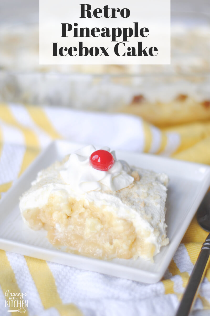 pineapple dessert on plate; text overlay "Retro Pineapple Icebox Cake"