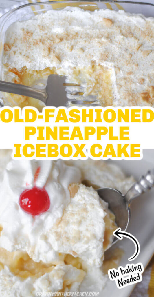 2 photo collage of pineapple icebox cake