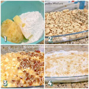 4 step photo collage showing how to layer a pineapple icebox cake