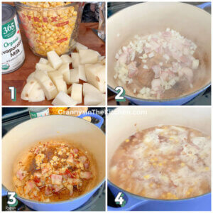 4-step photo collage showing how to make potato corn chowder on stovetop
