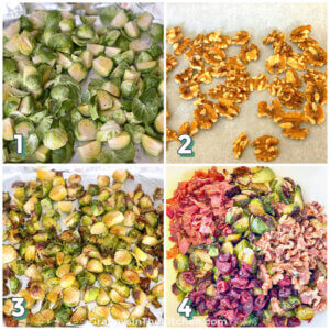 4 step photo collage showing how to make roasted Brussels Sprouts