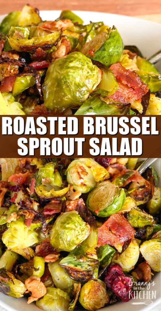2 photo vertical collage showing savory roasted Brussel Sprouts