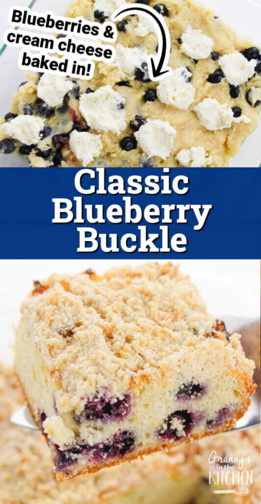 2 photo collage showing blueberry buckle batter in pan and finished cake