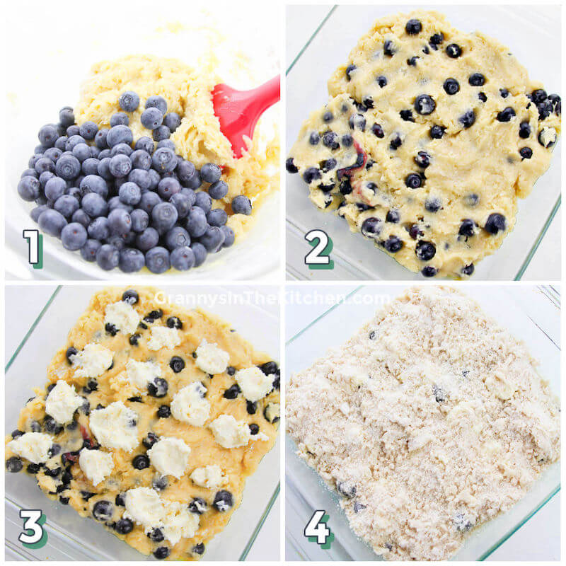 4 step photo collage showing how to make coffee cake with blueberries and cream cheese