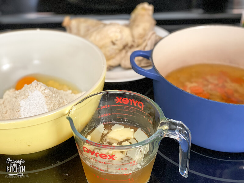 chicken and dumplings ingredients on stovetop