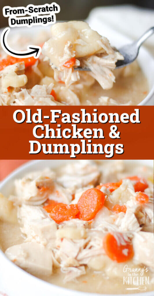 2 photo vertical collage showing old fashioned chicken & dumplings