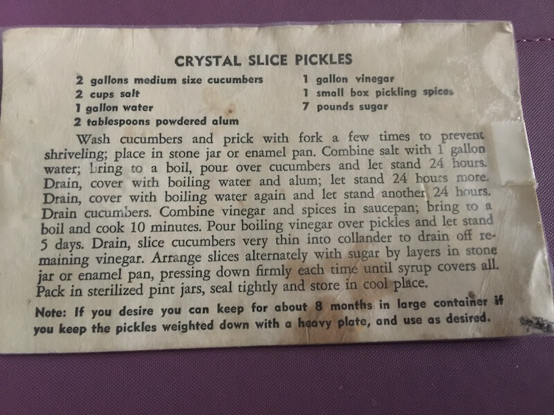 old recipe card for Crystal pickles