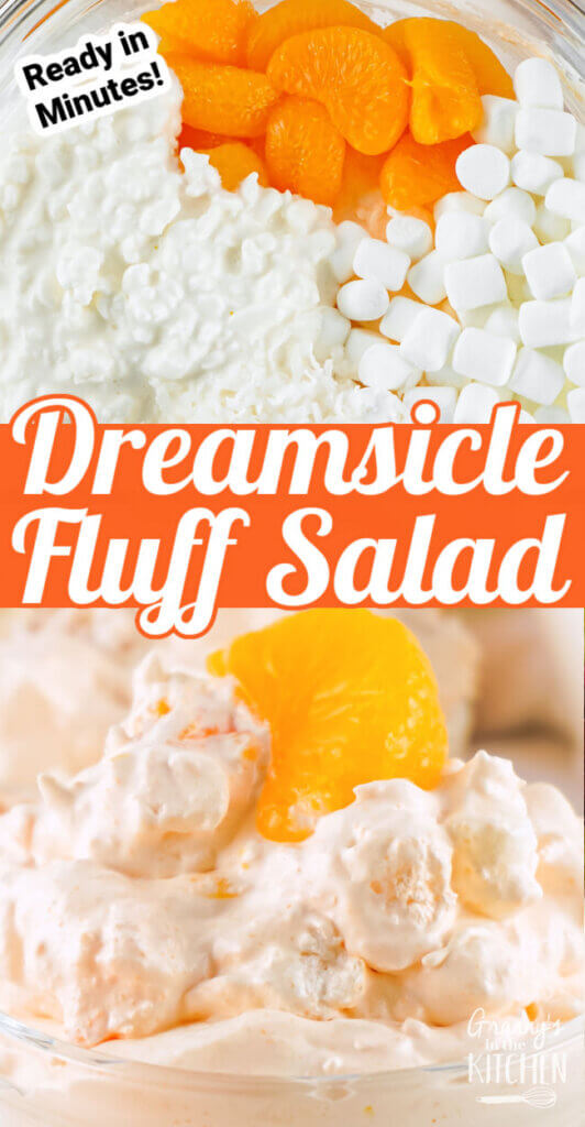 2 photo vertical collage showing how to make Dreamsicle Fluff Salad