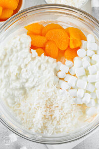 large bowl with mandarin oranges, marshmallows, coconut, and cottage cheese
