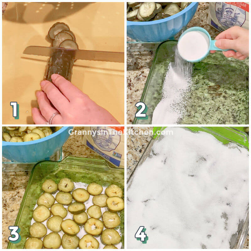 4-step photo collage showing how to layer cucumber slices in sugar to make sweet pickles