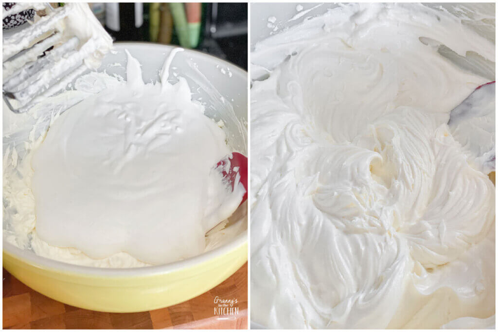 2 photo collage showing mixing whipped cream and cream cheese