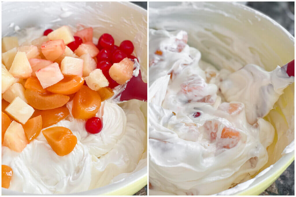 2 photo collage demonstrating folding fruit into a cream cheese mixture