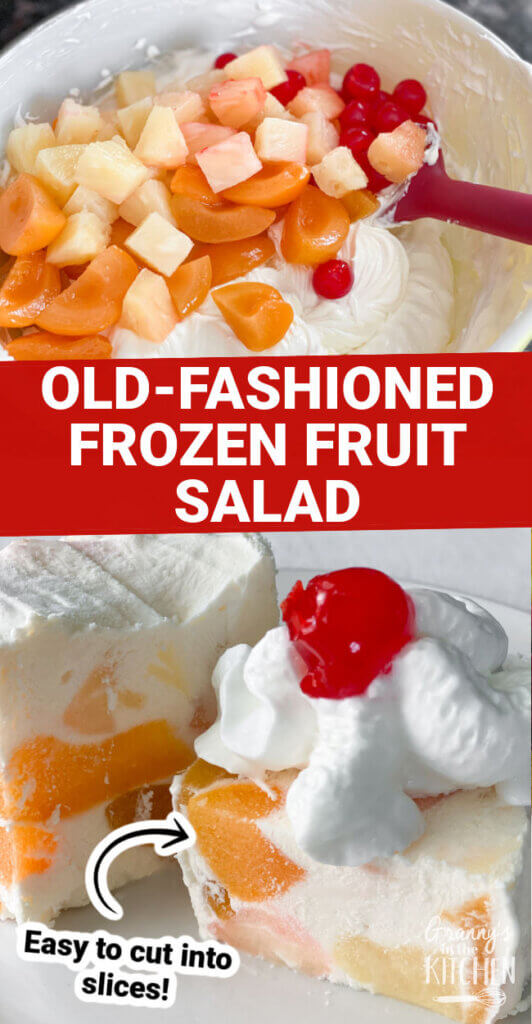 2 photo collage showing mixing a fruit salad and final frozen slice