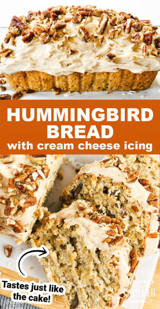 2 photo collage of hummingbird bread loaf with icing