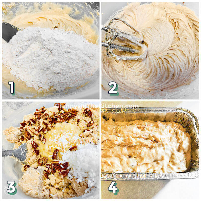 4 step photo collage showing how to make hummingbird bread