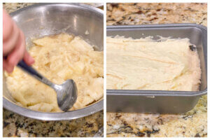 2 step photo collage showing how to make mix and bake banana bread