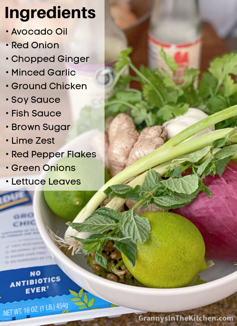 bowl of fresh veggies with text overlay of chicken lettuce wrap ingredients