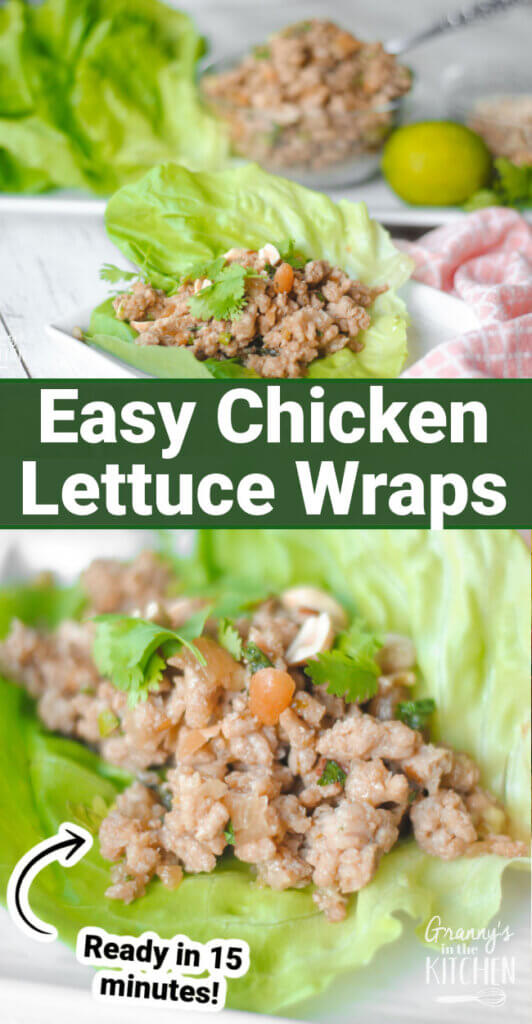 2 photo collage of ground chicken lettuce wraps